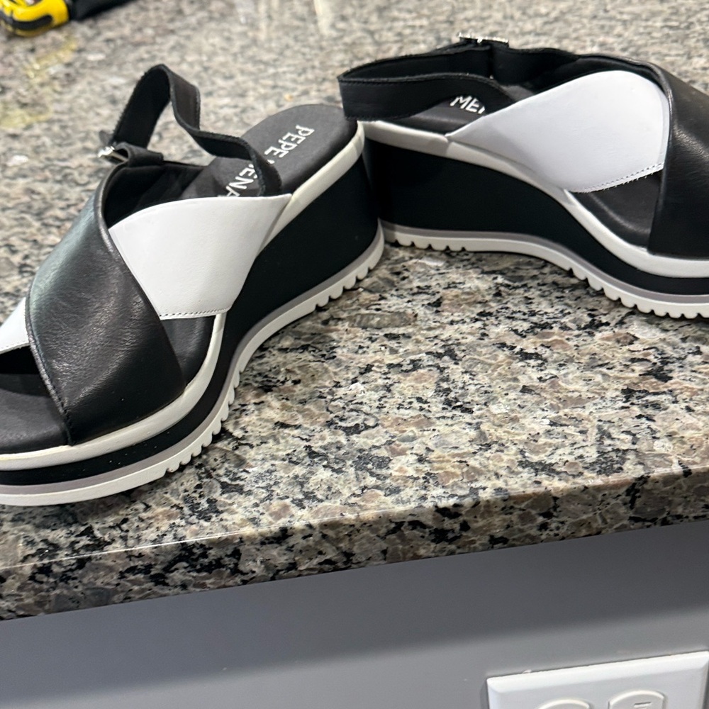 Black & White Crisscross Wedge Sandals - Picture 6 of 9